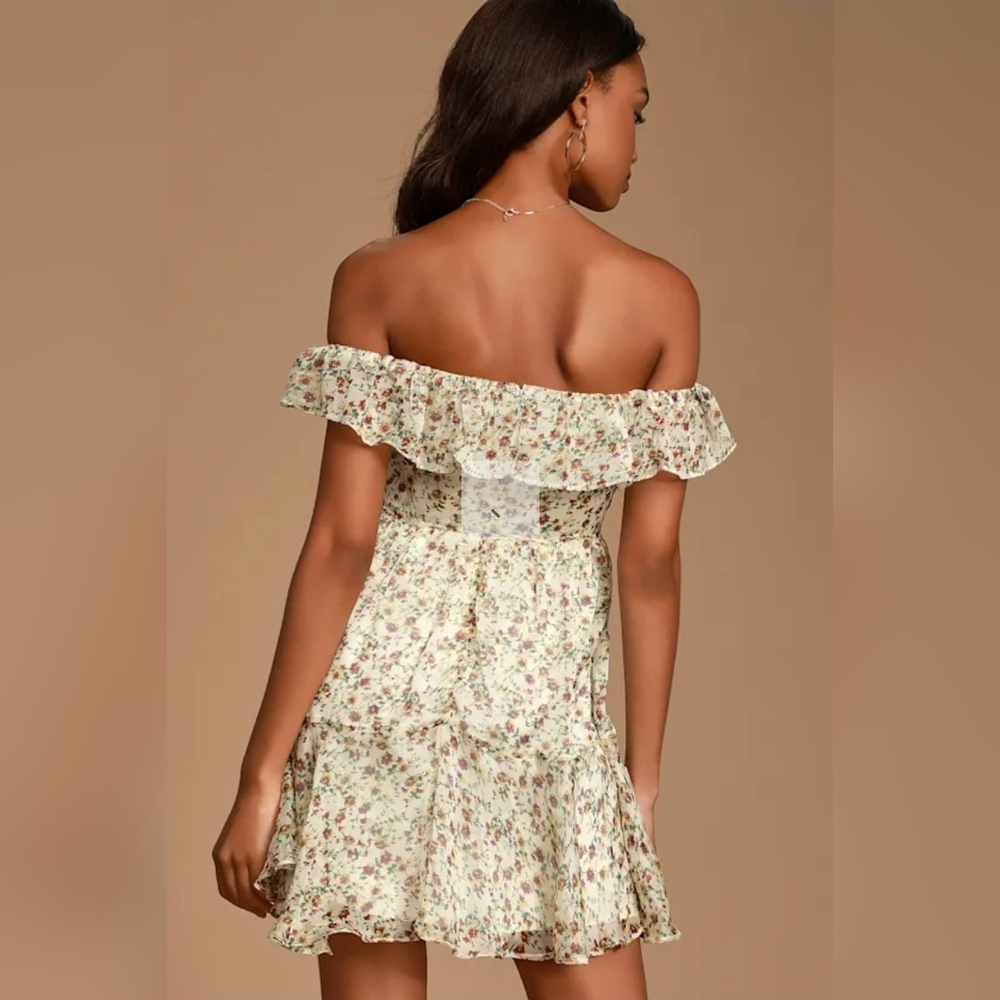 Lulus My Favorite Ivory Floral Print Off-the-shoulder Dress White - Size S - Picture 3 of 6